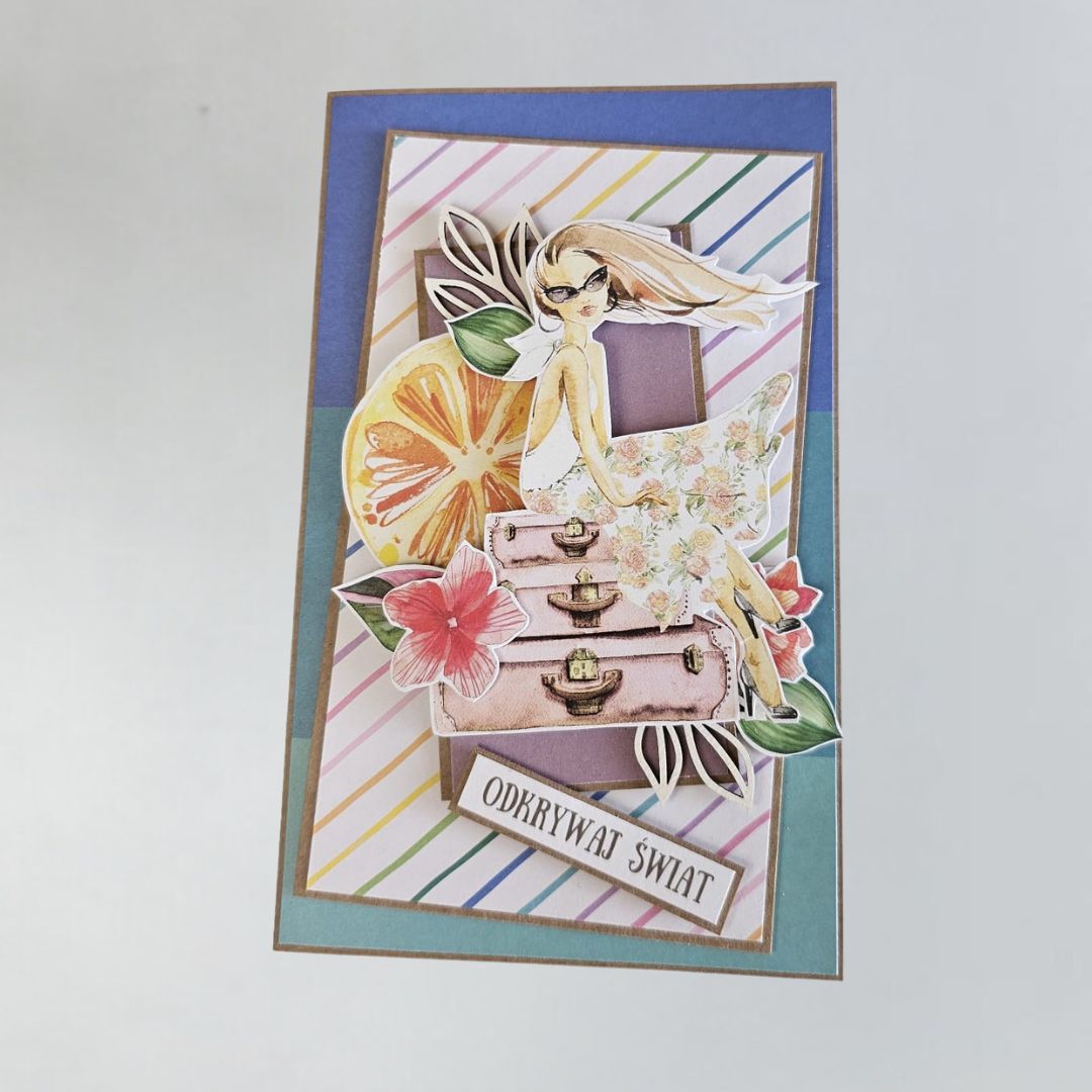 Ręcznie wykonana kartka z podróżniczym egzotycznym motywem kobiecym