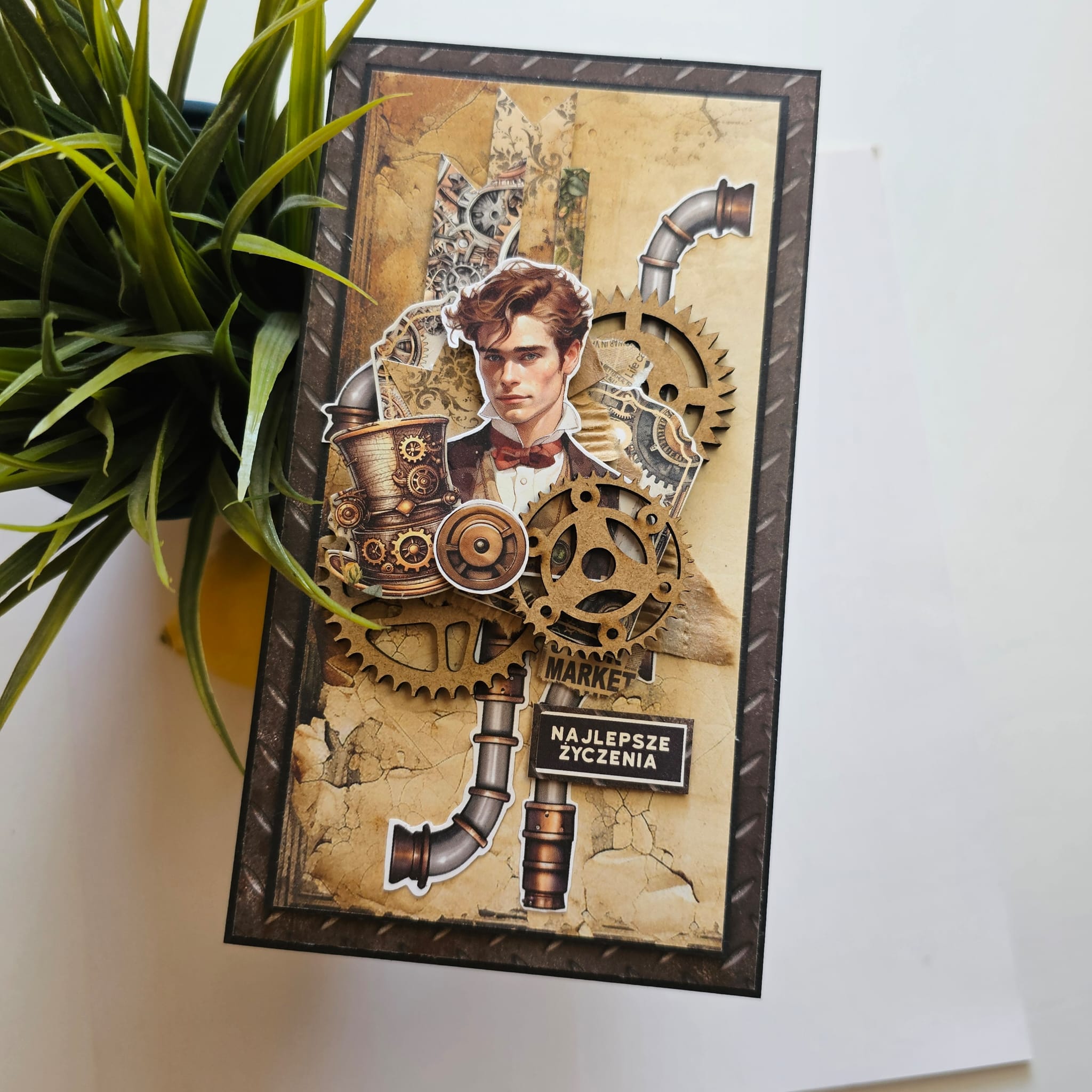 Ręcznie Wykonana Kartka Steampunkowa z postacią mężczyzny w stylu retro