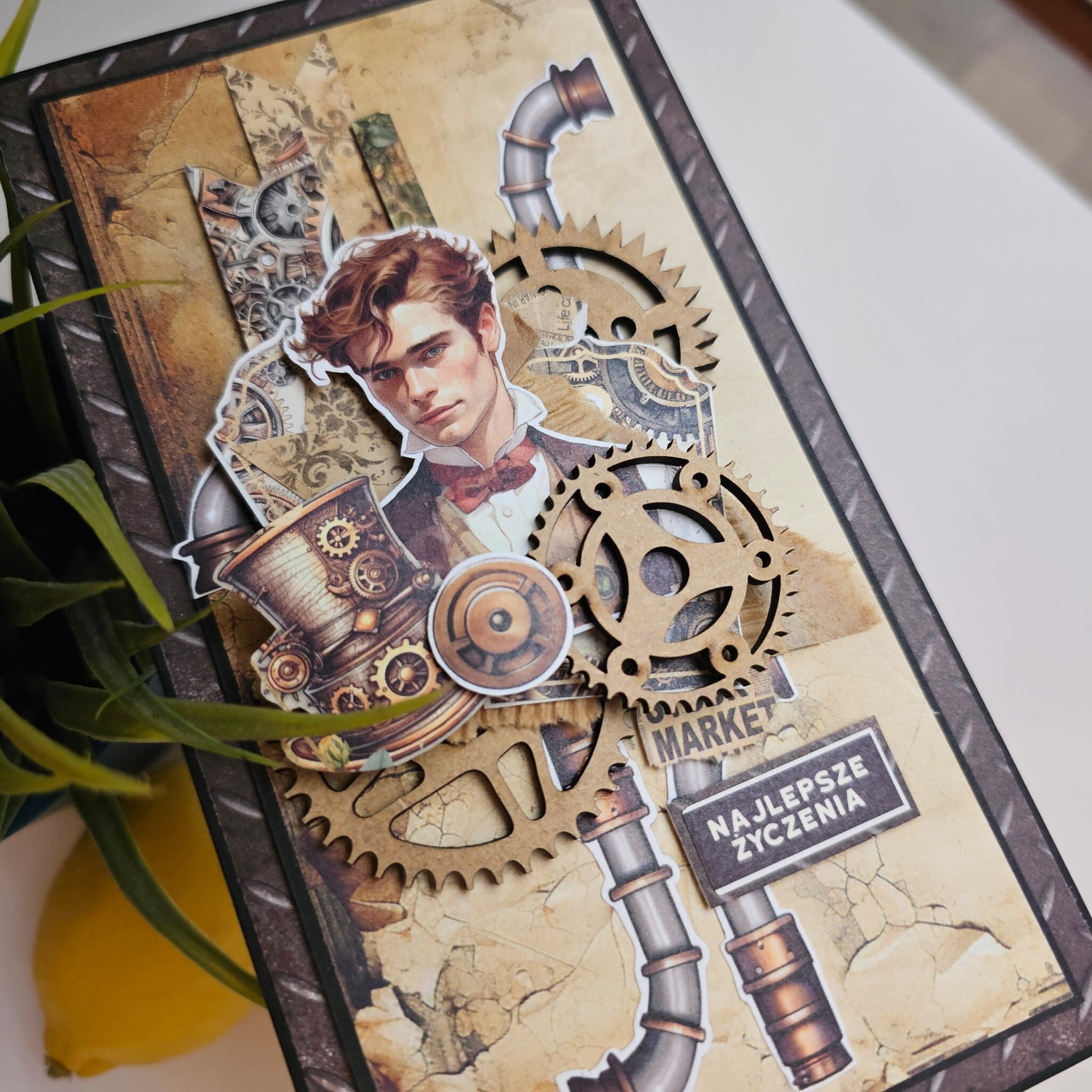 Ręcznie Wykonana Kartka Steampunkowa z postacią mężczyzny w stylu retro - obrazek 6